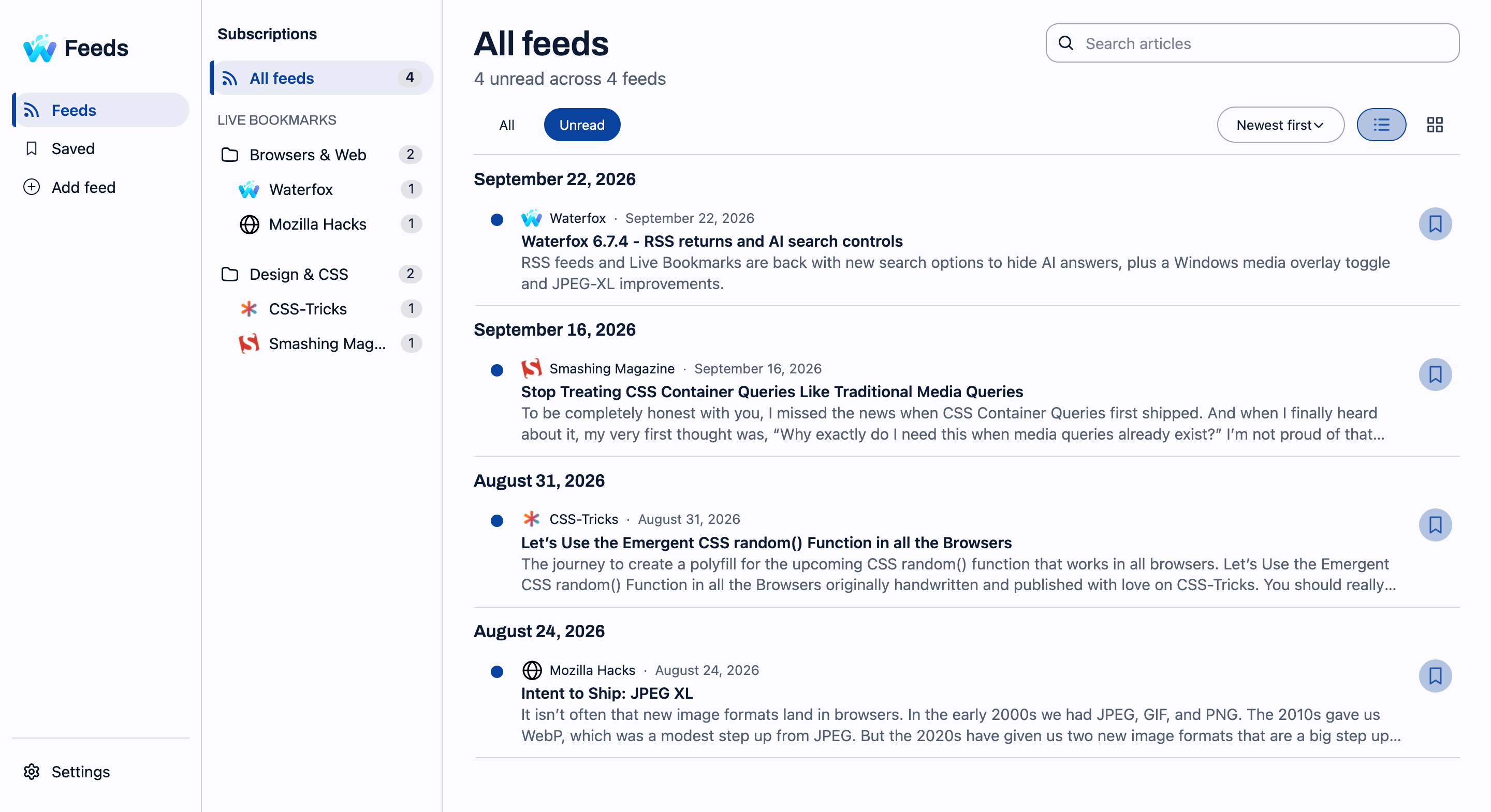 Waterfox feed manager showing unread articles from Waterfox, Smashing Magazine, CSS-Tricks and Mozilla Hacks, organized into bookmark folders