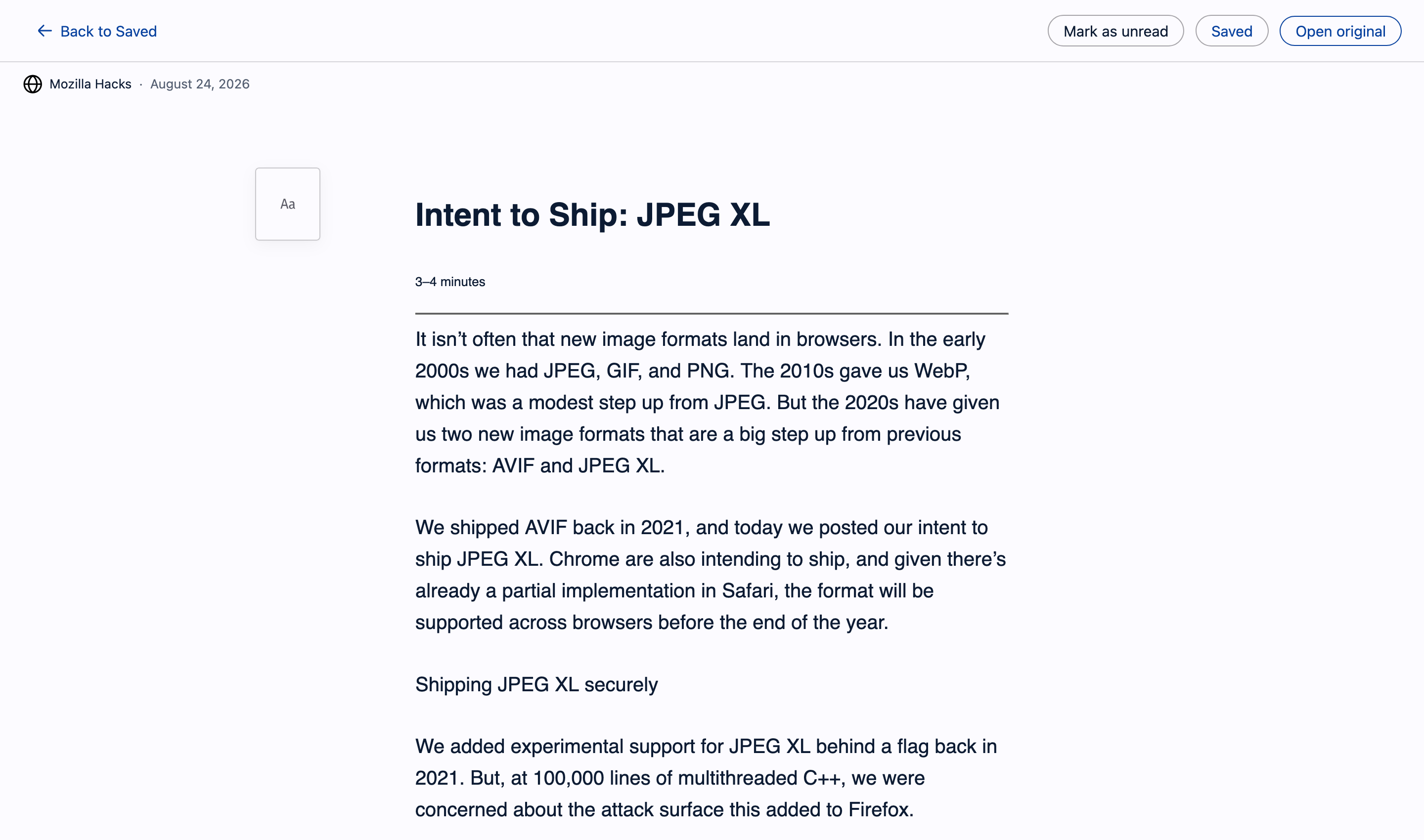 Mozilla Hacks' Intent to Ship: JPEG XL article displayed in Waterfox's feed reader, with text controls and options to mark it unread, save it or open the original website