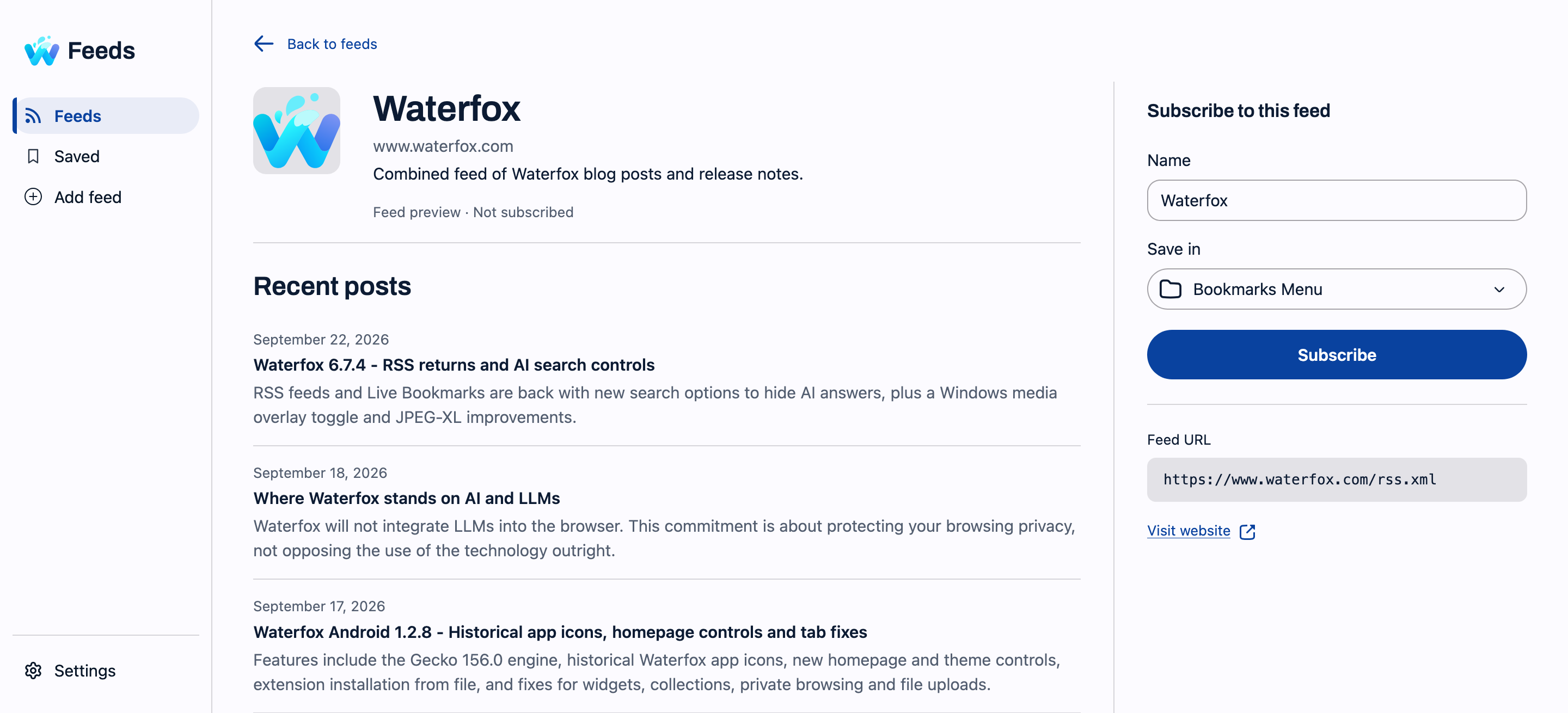 Preview of the official Waterfox RSS feed, showing recent posts and a subscription form with a name and bookmark location