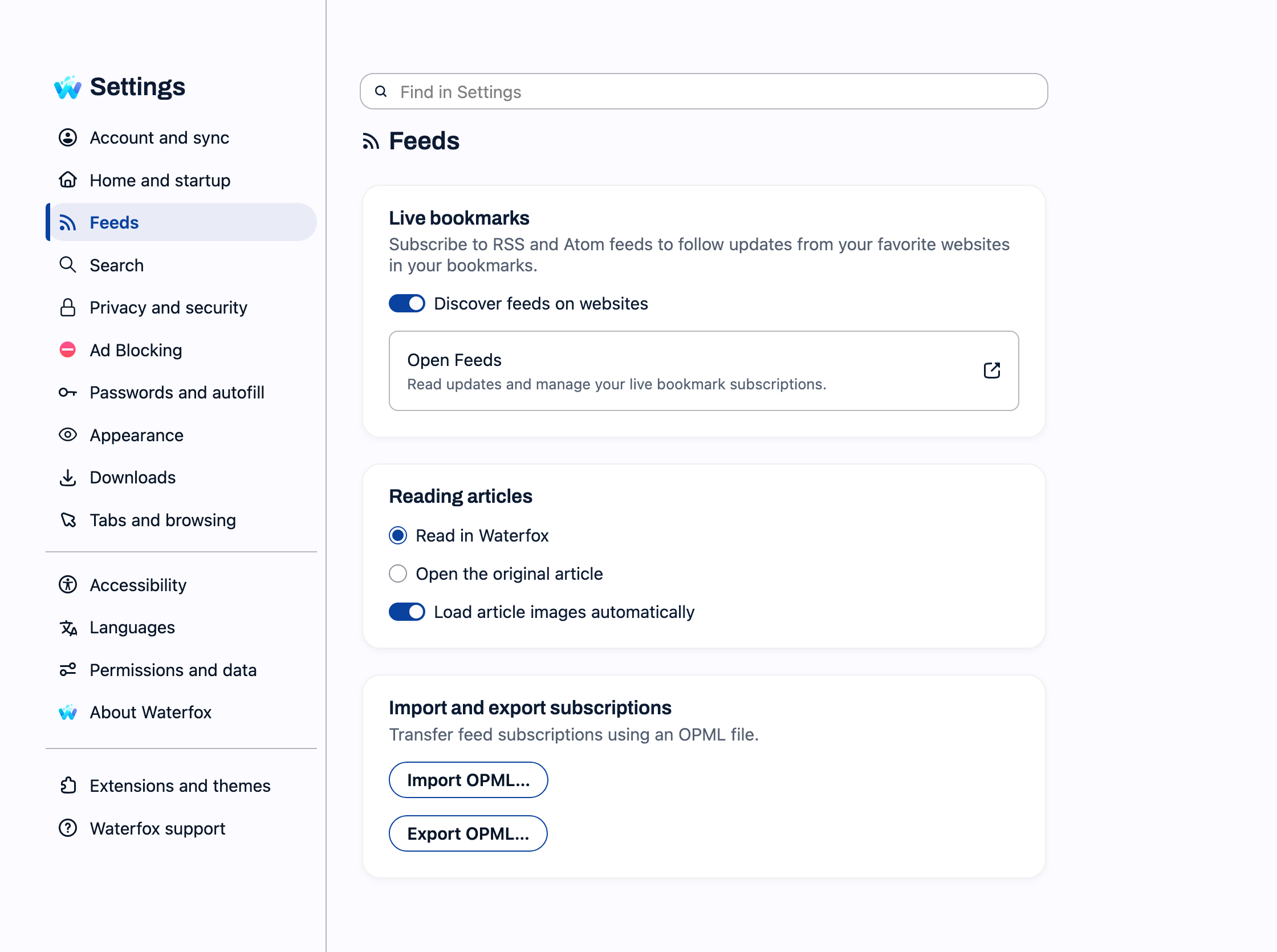 Waterfox Feeds settings with controls for feed discovery, article opening, automatic image loading, and OPML import and export