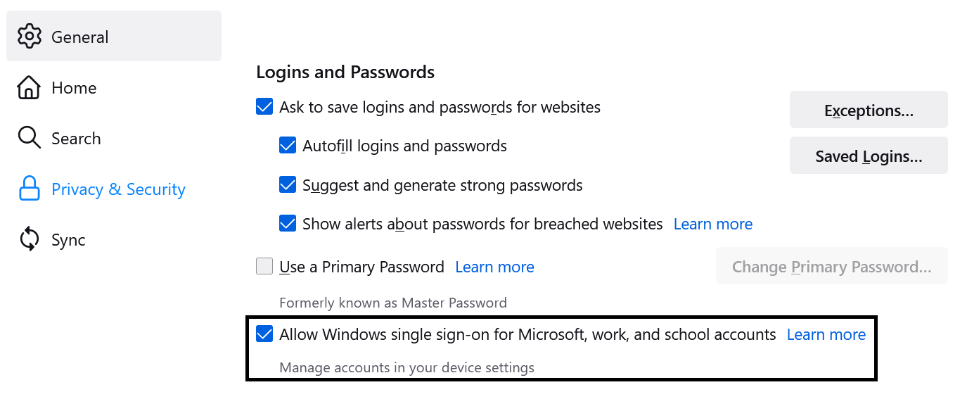 Windows SSO preference in Waterfox settings