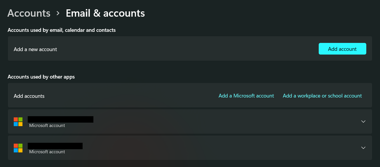 Windows 11 Email & Accounts settings window