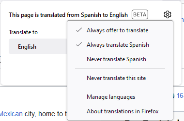 Waterfox Translations - Settings menu (Always Translate Spanish)