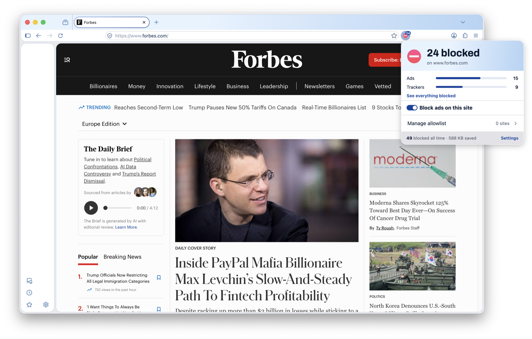 The redesigned ad blocker panel shows a status hero with a reading of '25 blocked', as well as separate counts of '15 ads' and '10 trackers', with proportional bars. There is also a per-site toggle and a running total in the footer.