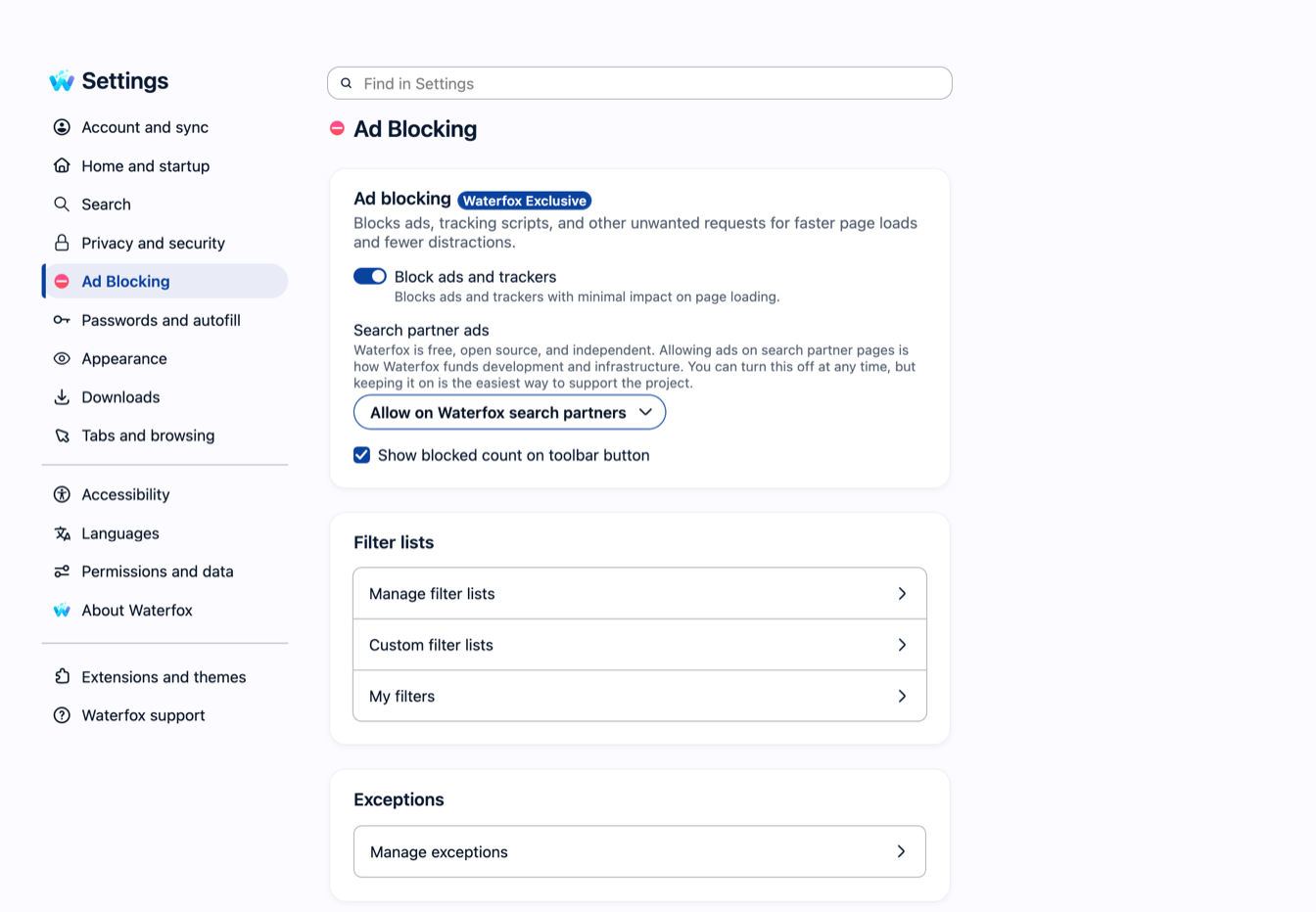 Waterfox Settings with the Ad Blocking pane selected