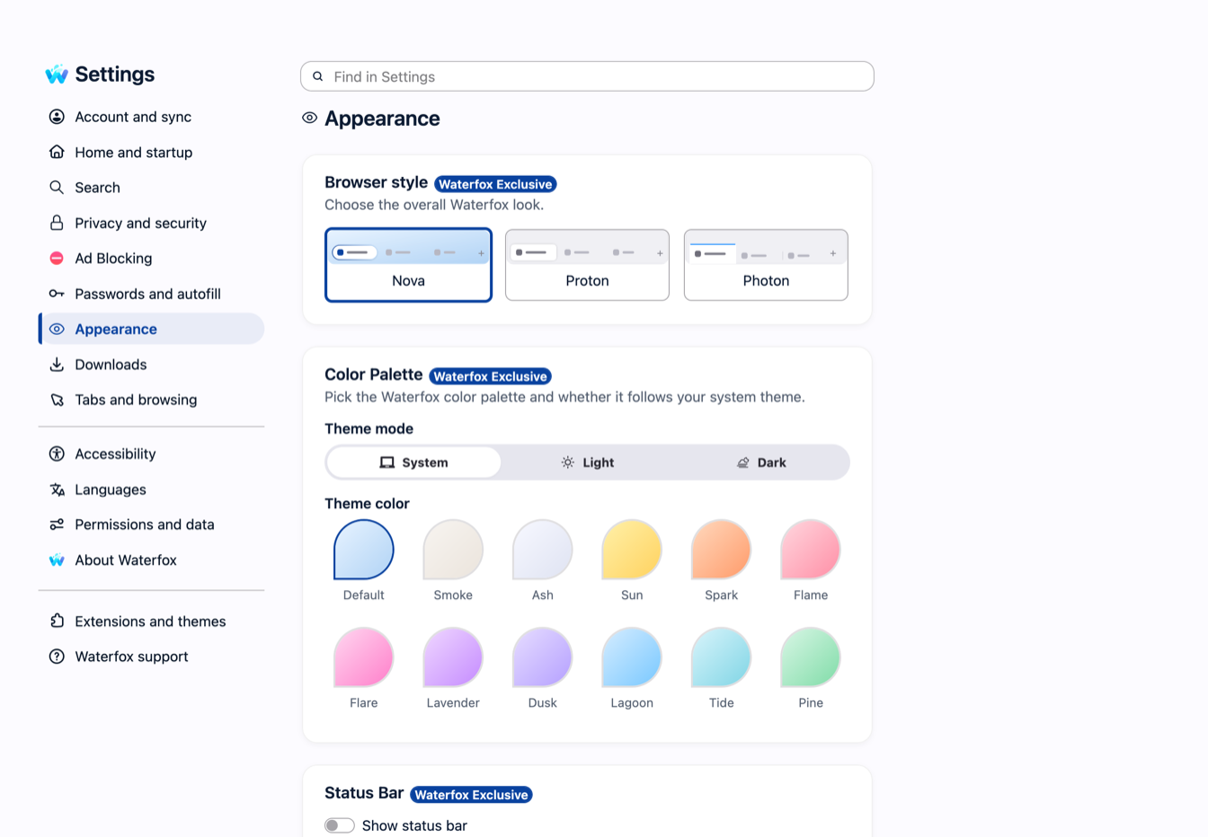 Waterfox Appearance settings showing browser styles, theme mode and color palettes