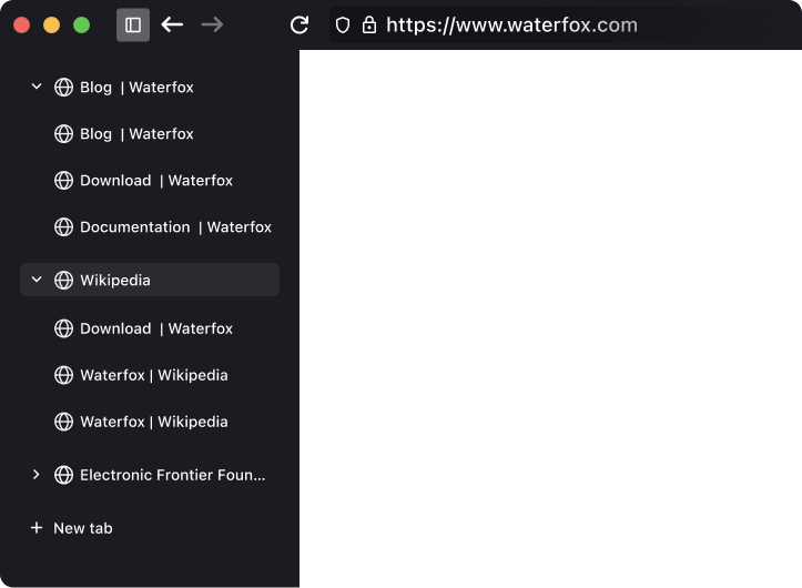 Tree tabs in Waterfox showing parent and child tab hierarchy