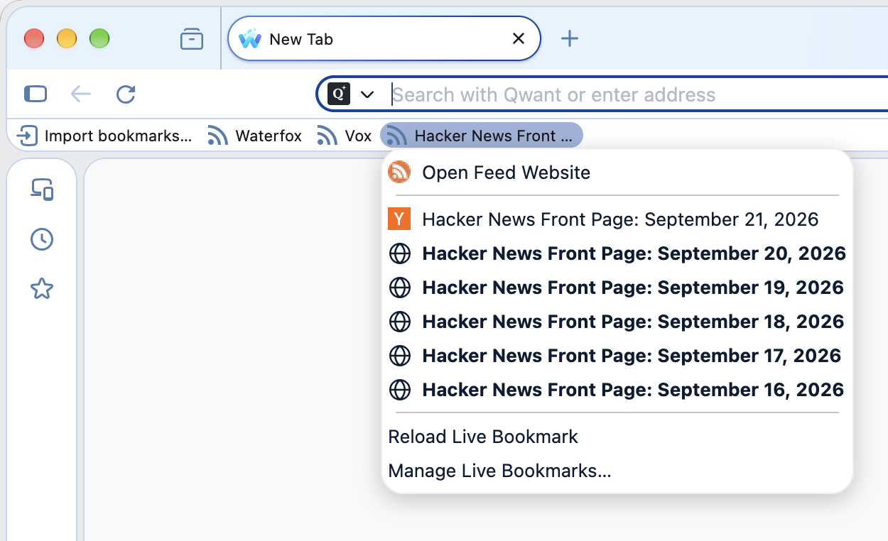 Waterfox feed subscription dialog for Hacker News Front Page, with fields for the name, feed URL and bookmark location