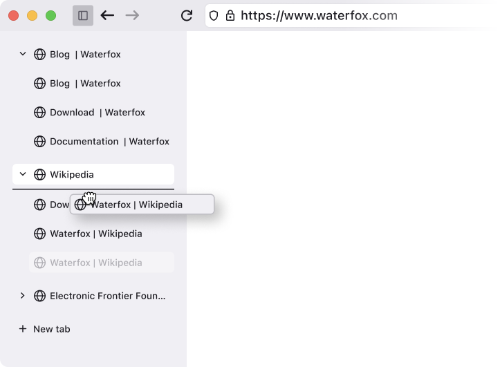 Tree tabs in Waterfox with branches collapsed and reorganized