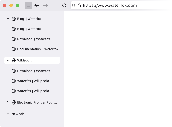 Tree tabs in Waterfox showing parent and child tab hierarchy