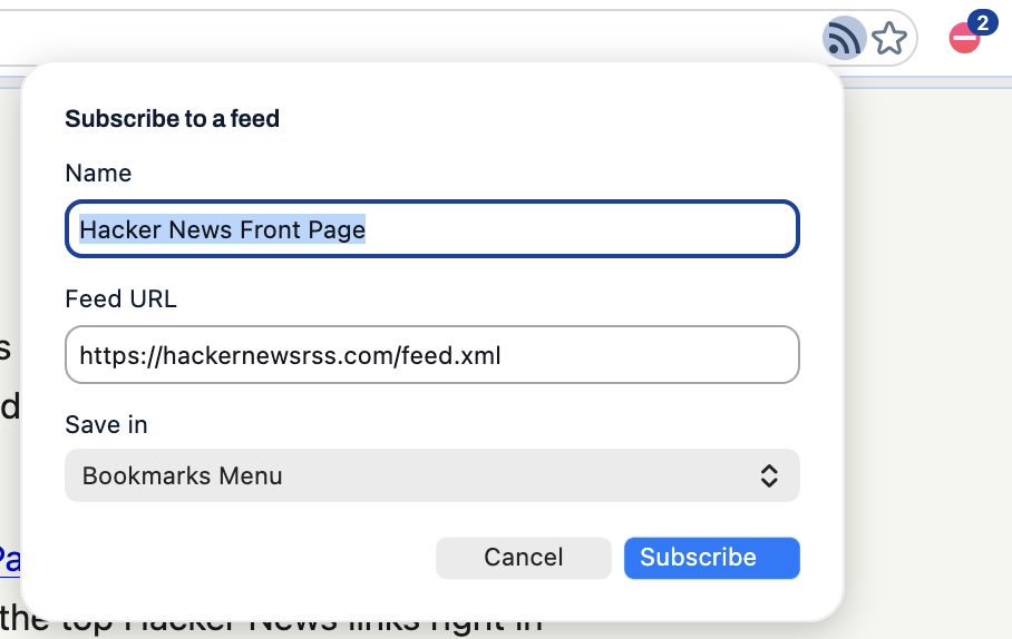 Vox Live Bookmark menu in the Waterfox bookmarks toolbar, showing feed articles and options to reload or manage Live Bookmarks