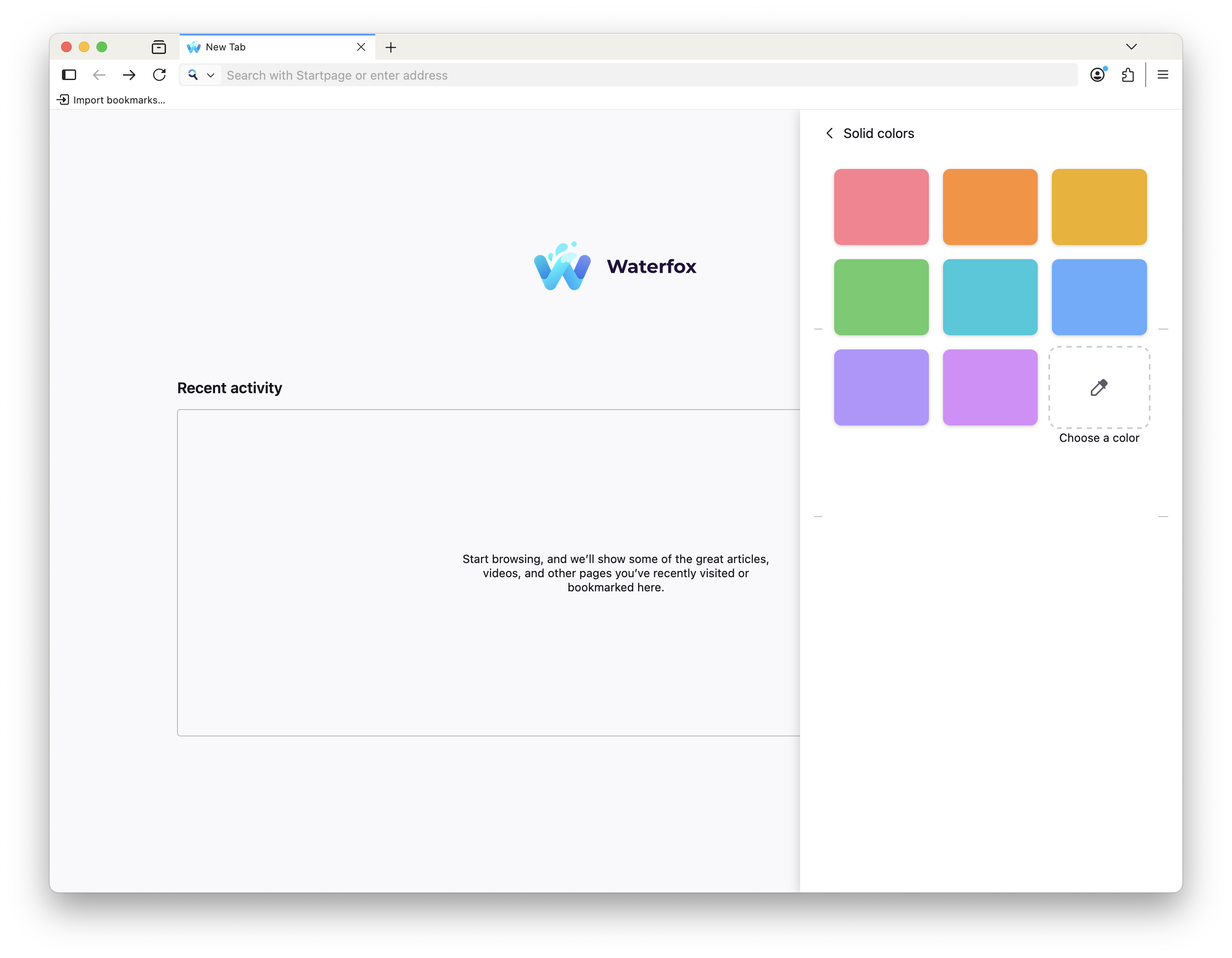 New tab page settings panel custom color palette