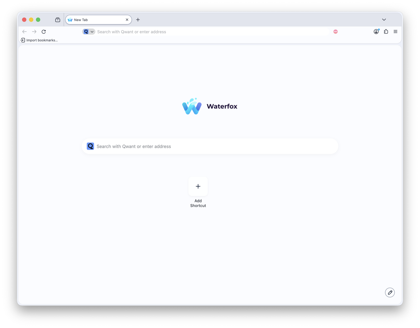 The Waterfox New Tab page with the Ash colour palette applied