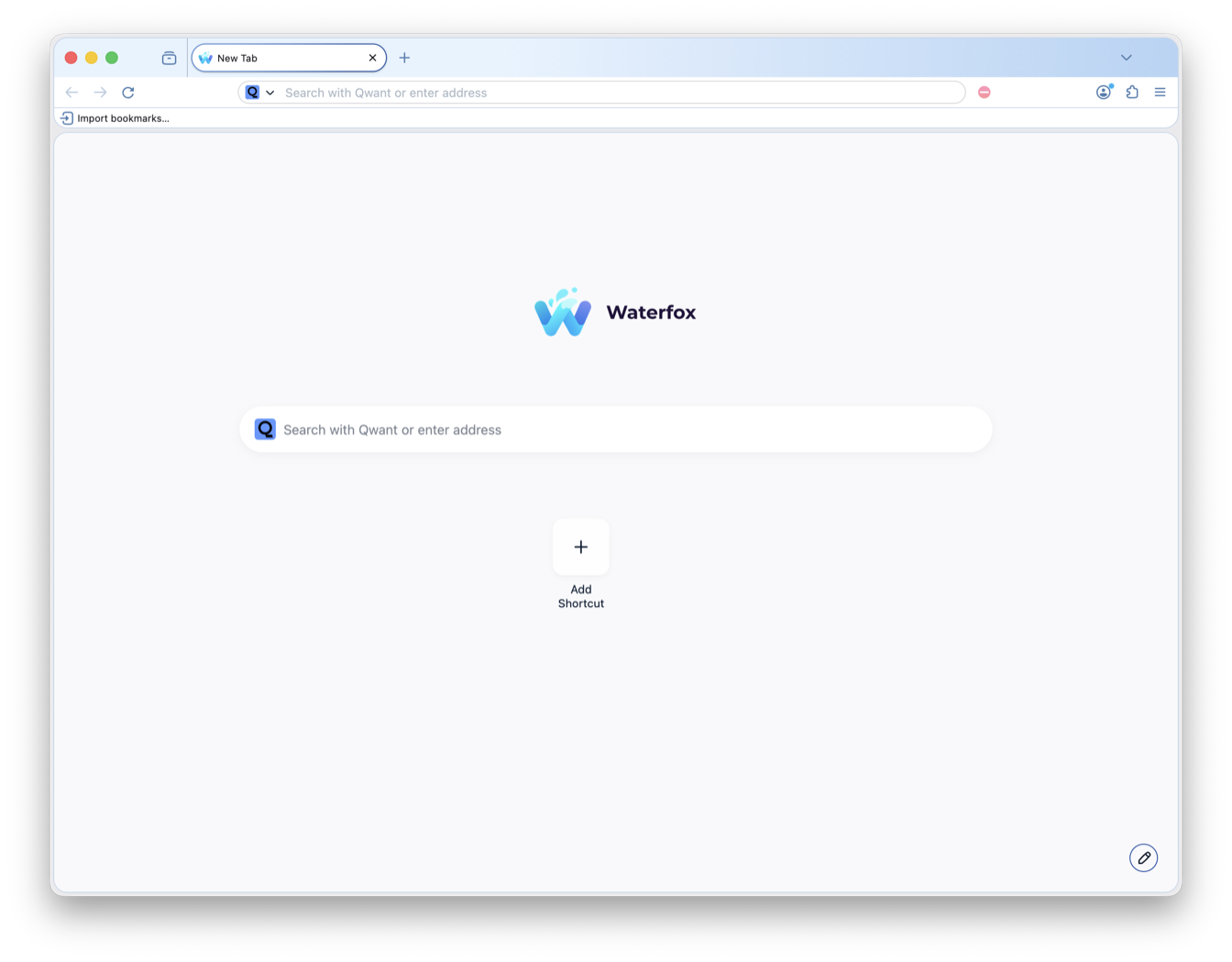 The Waterfox New Tab page with the Default colour palette applied