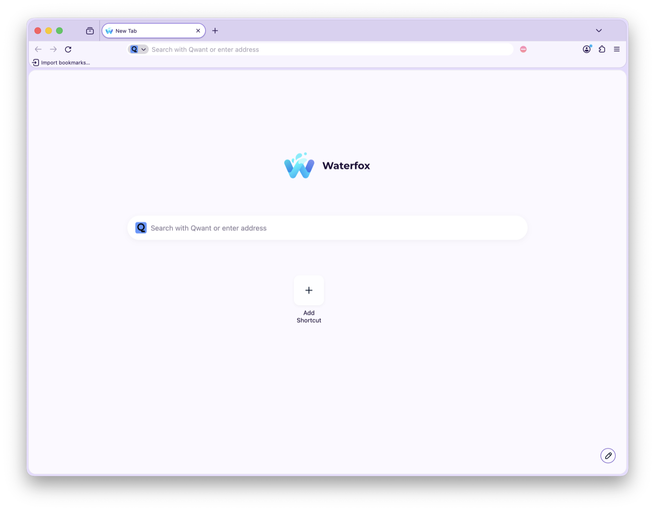 The Waterfox New Tab page with the Dusk colour palette applied