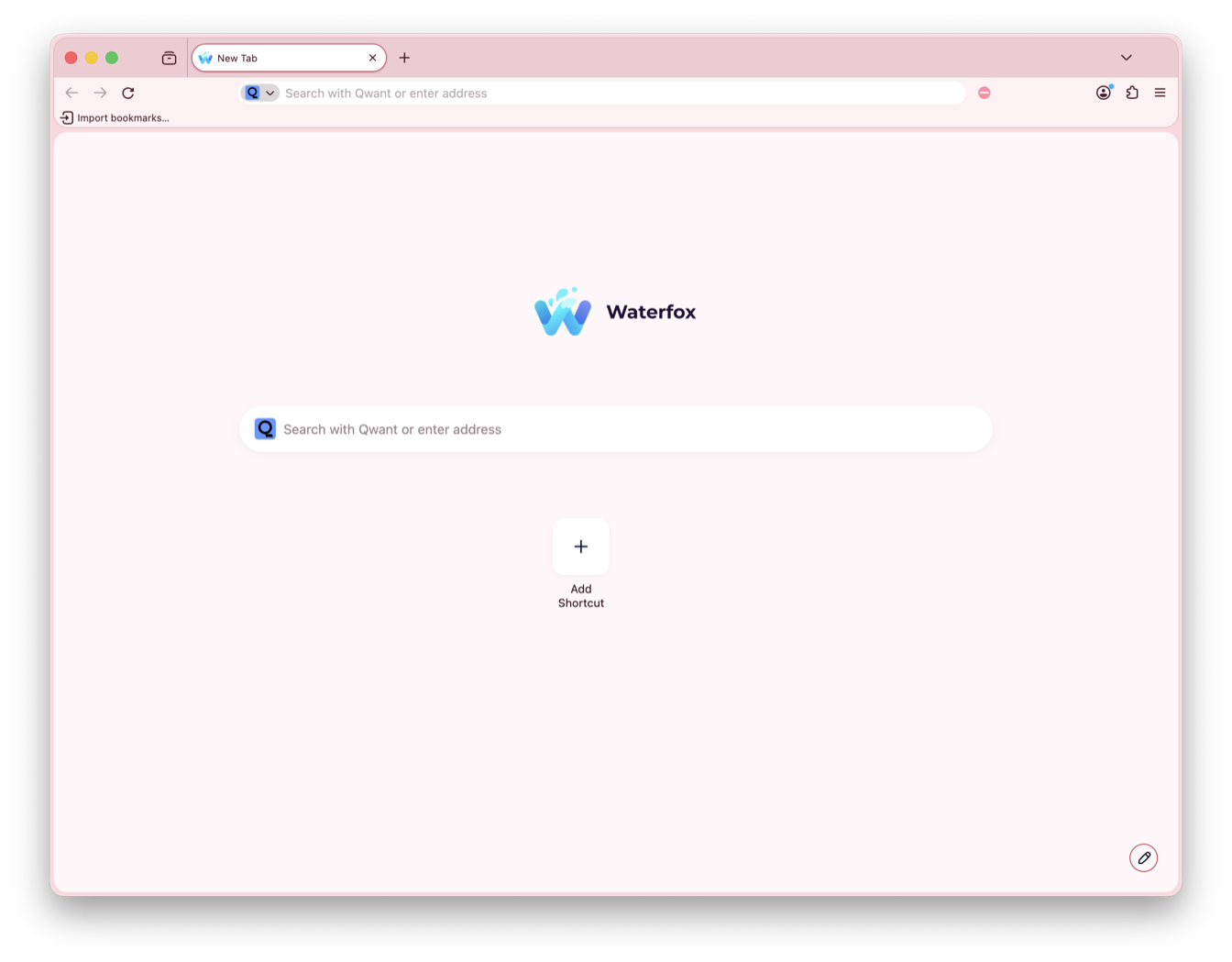 The Waterfox New Tab page with the Flame colour palette applied