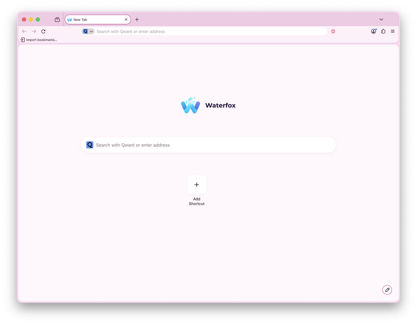 The Waterfox New Tab page with the Flare colour palette applied