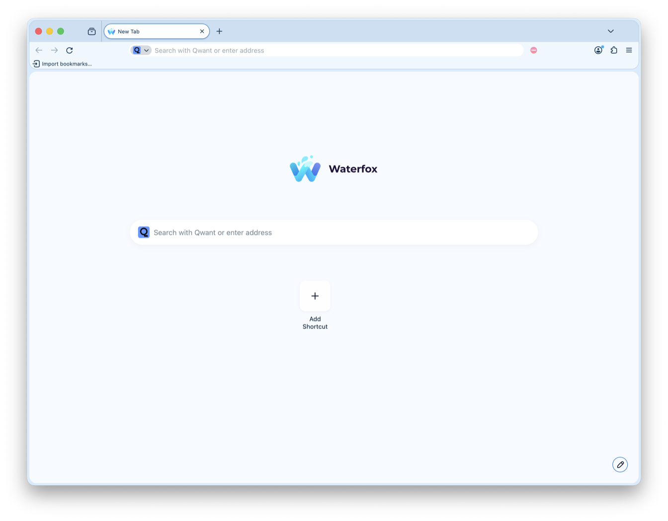 The Waterfox New Tab page with the Lagoon colour palette applied