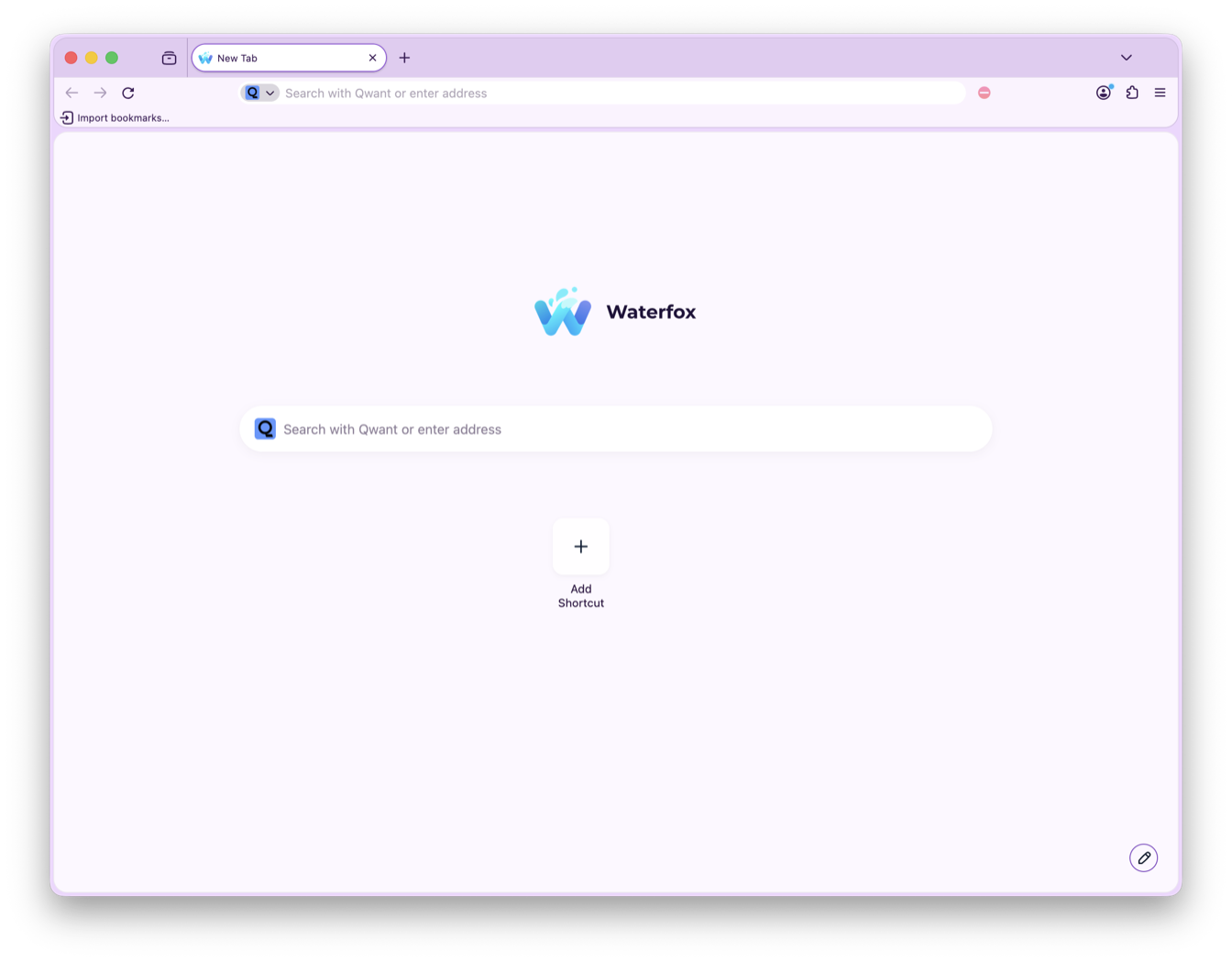 The Waterfox New Tab page with the Lavender colour palette applied