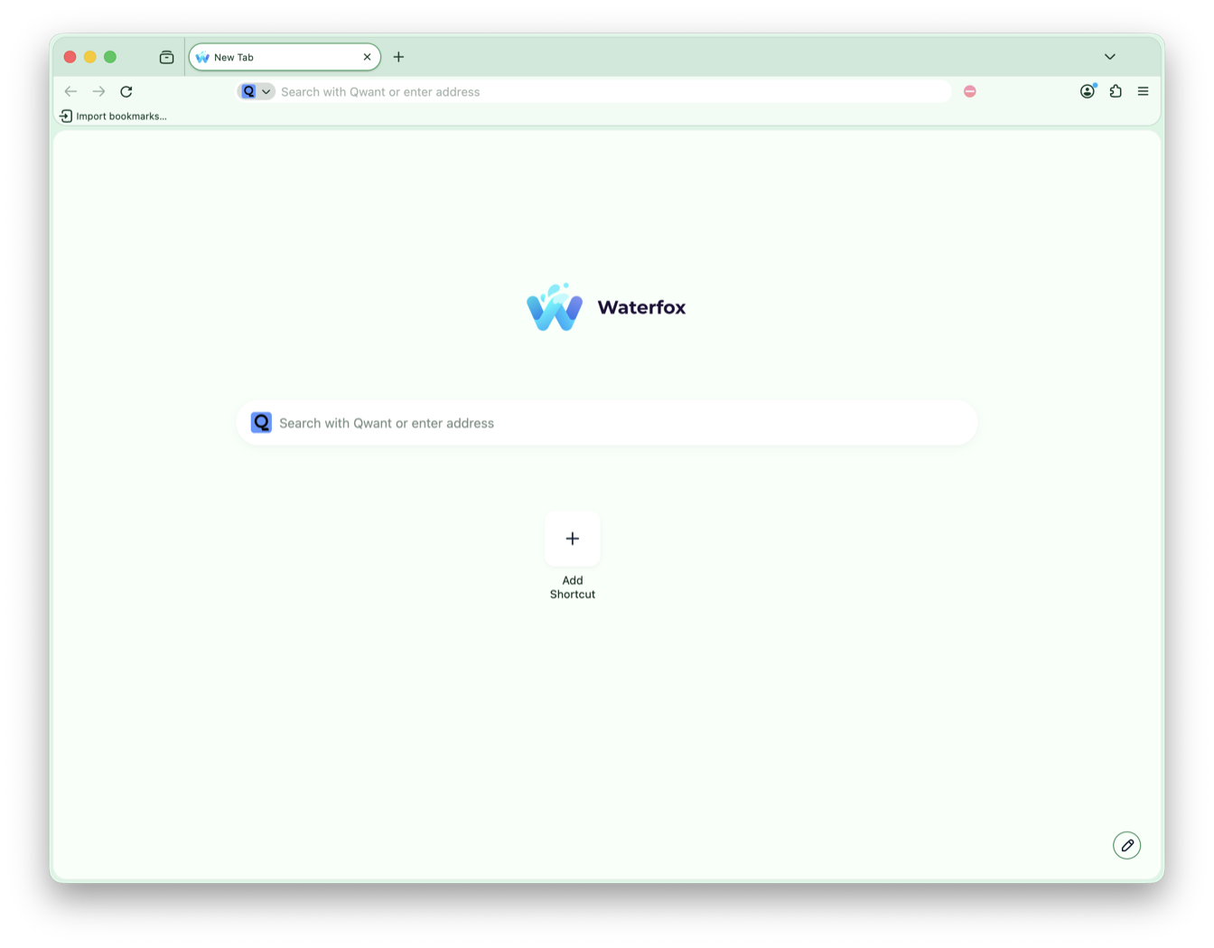 The Waterfox New Tab page with the Pine colour palette applied