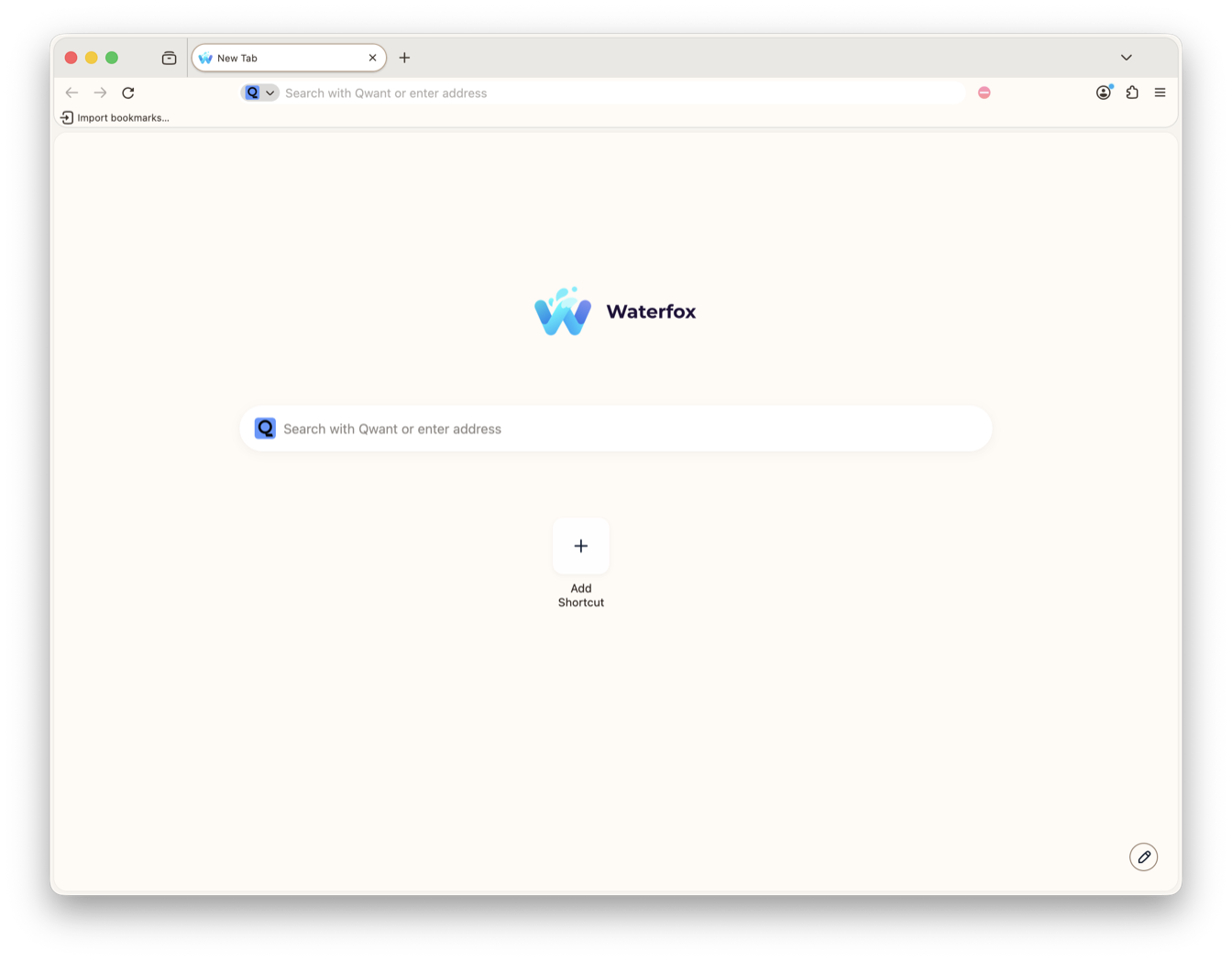 The Waterfox New Tab page with the Smoke colour palette applied