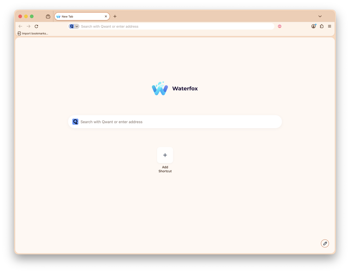 The Waterfox New Tab page with the Spark colour palette applied