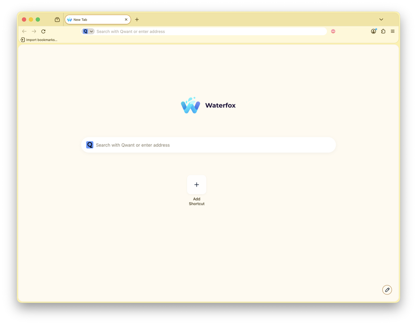 The Waterfox New Tab page with the Sun colour palette applied