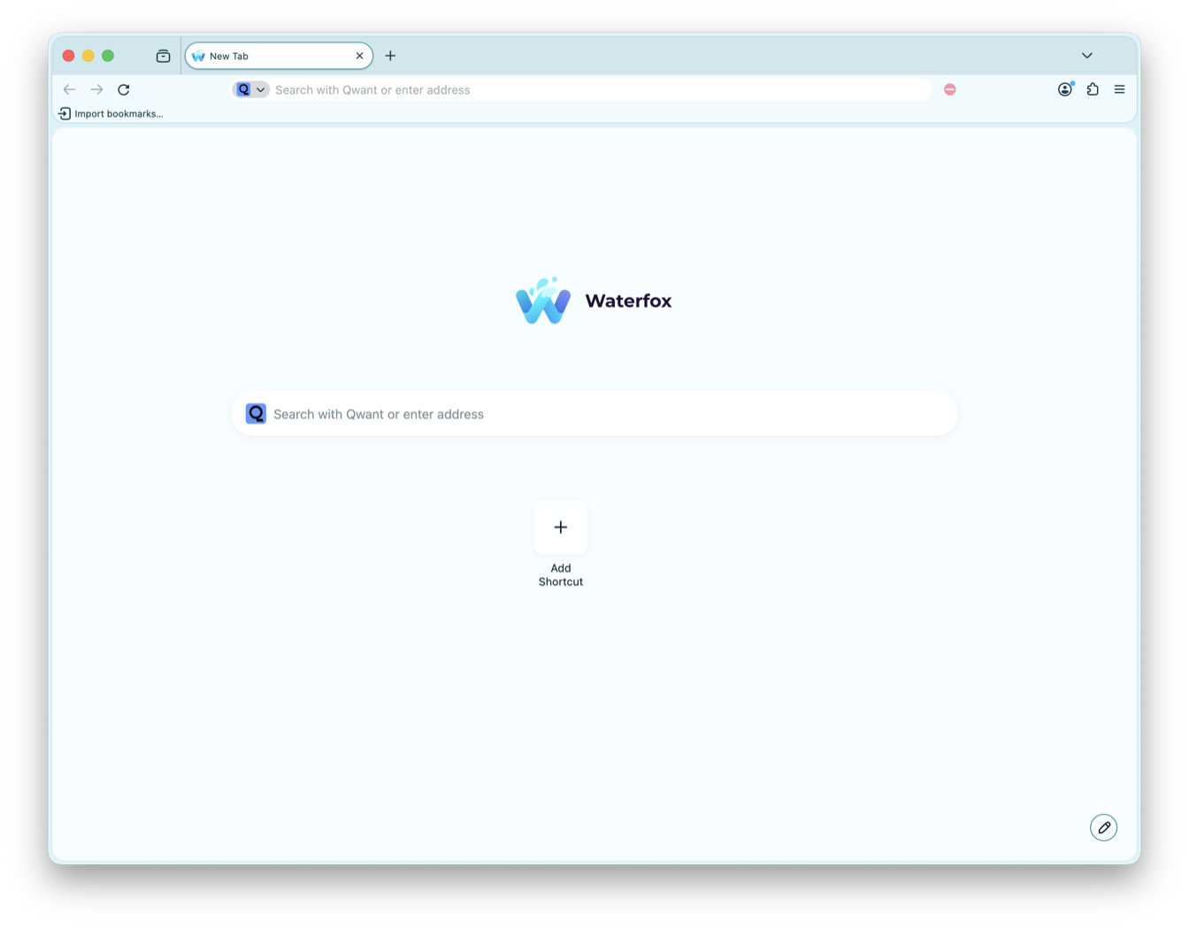 The Waterfox New Tab page with the Tide colour palette applied