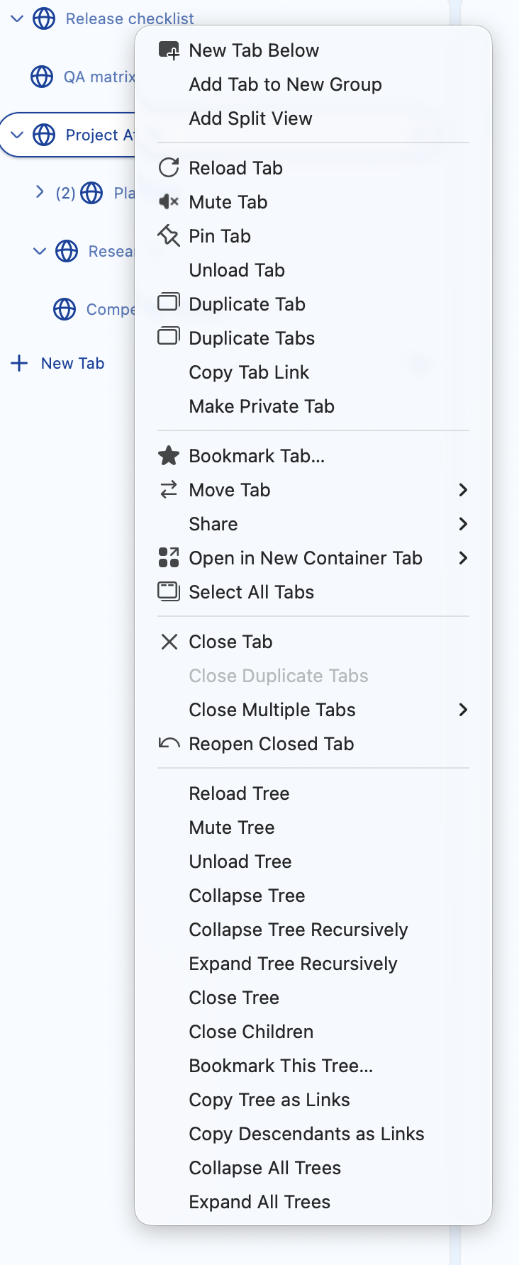 The tab context menu has the following tree commands at the bottom: Reload Tree, Mute Tree, Unload Tree, Collapse Tree, Collapse and Expand Tree Recursively, Close Tree, Close Children, Bookmark This Tree, Copy Tree as Links, and Copy Descendants as Links.