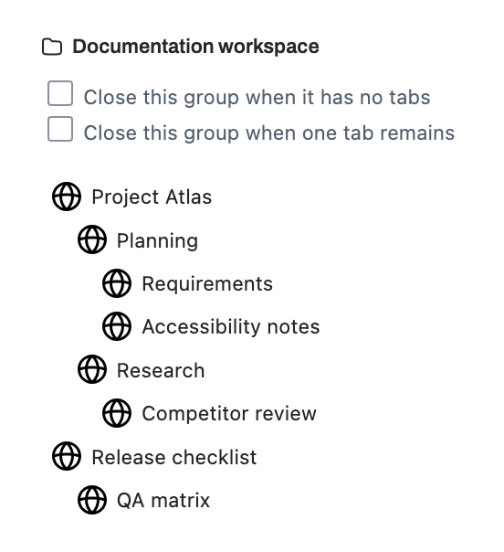 A group tab page titled 'Documentation workspace', containing checkboxes for closing the group when it has no tabs open, or when only one tab is open. Above this is a list of the tabs open in the group.
