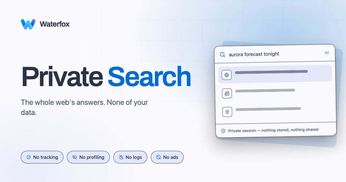Waterfox Private Search preview with a search results illustration and badges reading No tracking, No profiling, No logs, and No ads