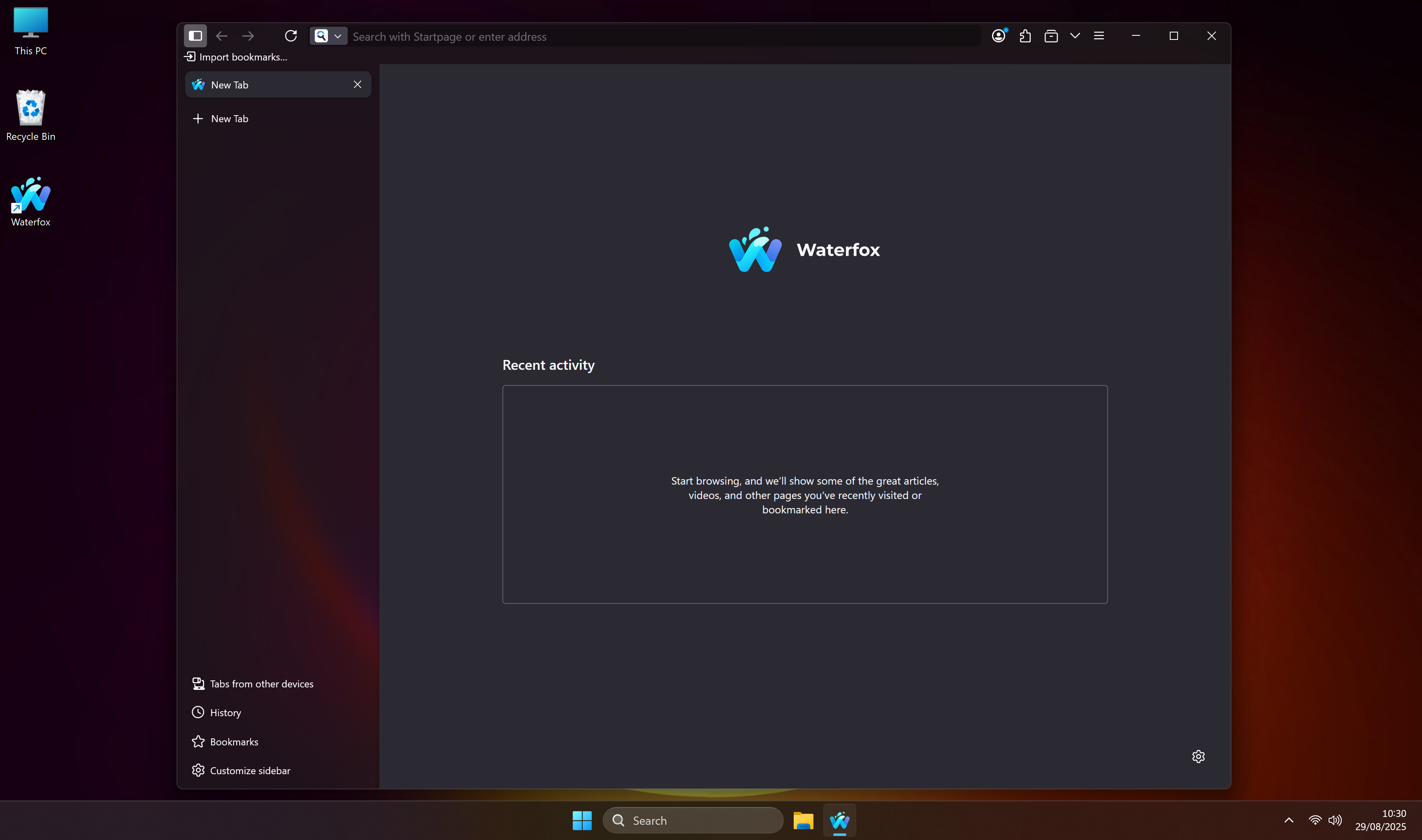 Waterfox Windows 11 Dark Acrylic